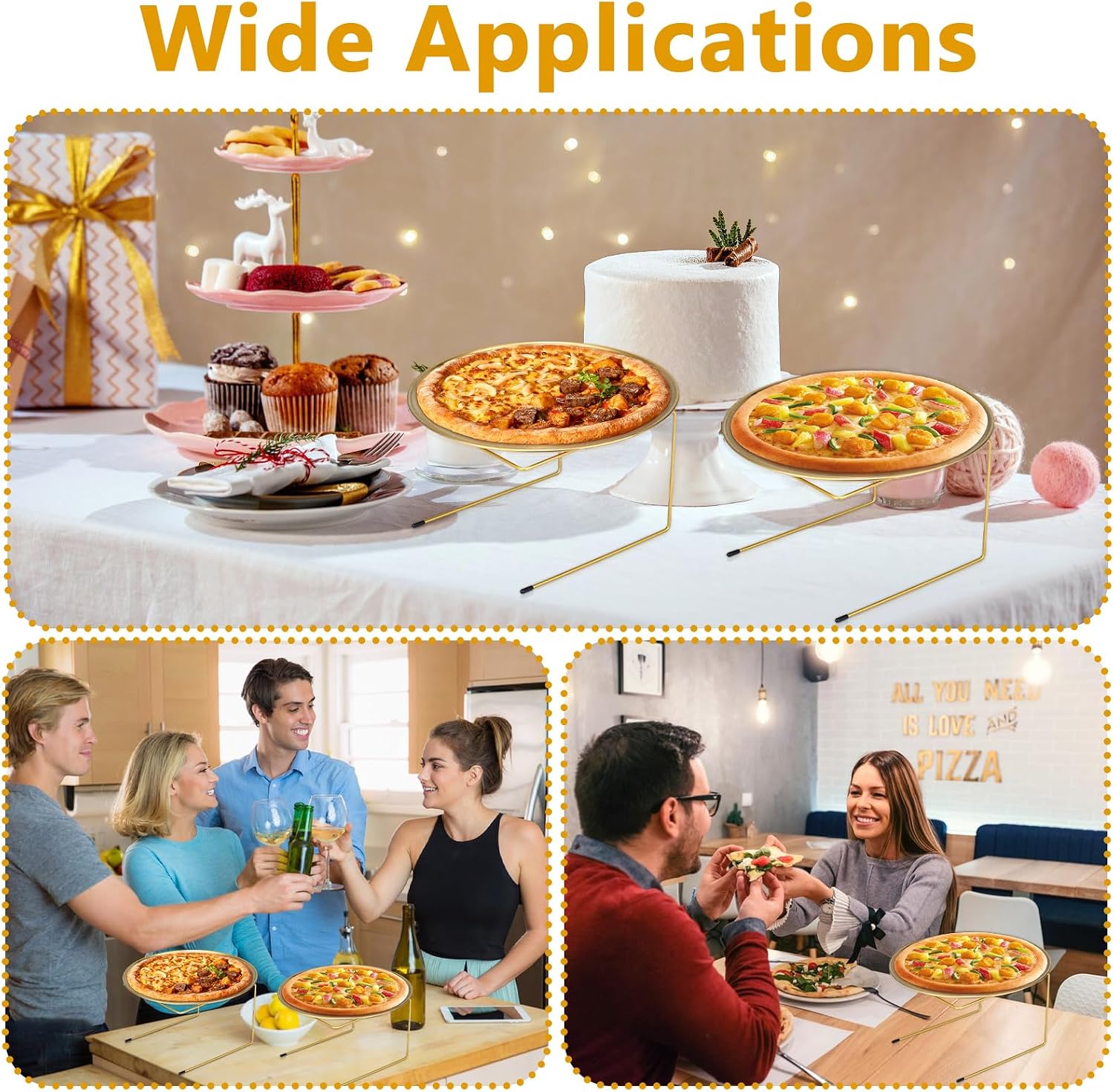 12 Pcs Pizza Pan Riser Stands Sets Includes 4 Metal Pizza Table Stands 4 Pizza Pan and 4 Wood Handle Pie Server, Pizza Rack Stand Pizza Tray for Pizza Dessert Cheese (Gold) ❗MAY HAVE MISSING PIECES❗